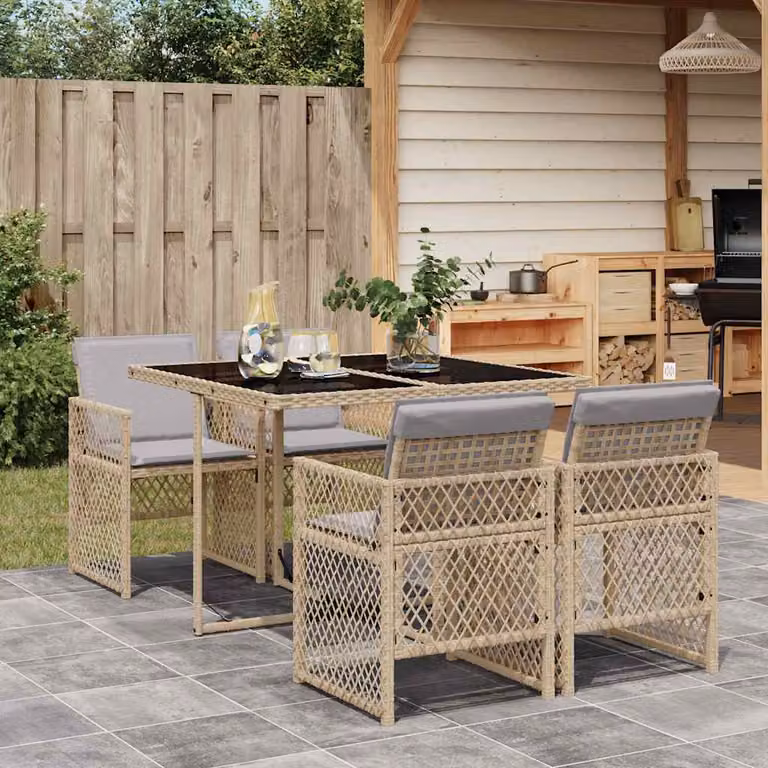 vidaXL Set da Pranzo da Giardino 5 pz in Polyrattan con Cuscini Beige e Grigio e Tavolo in Vetro