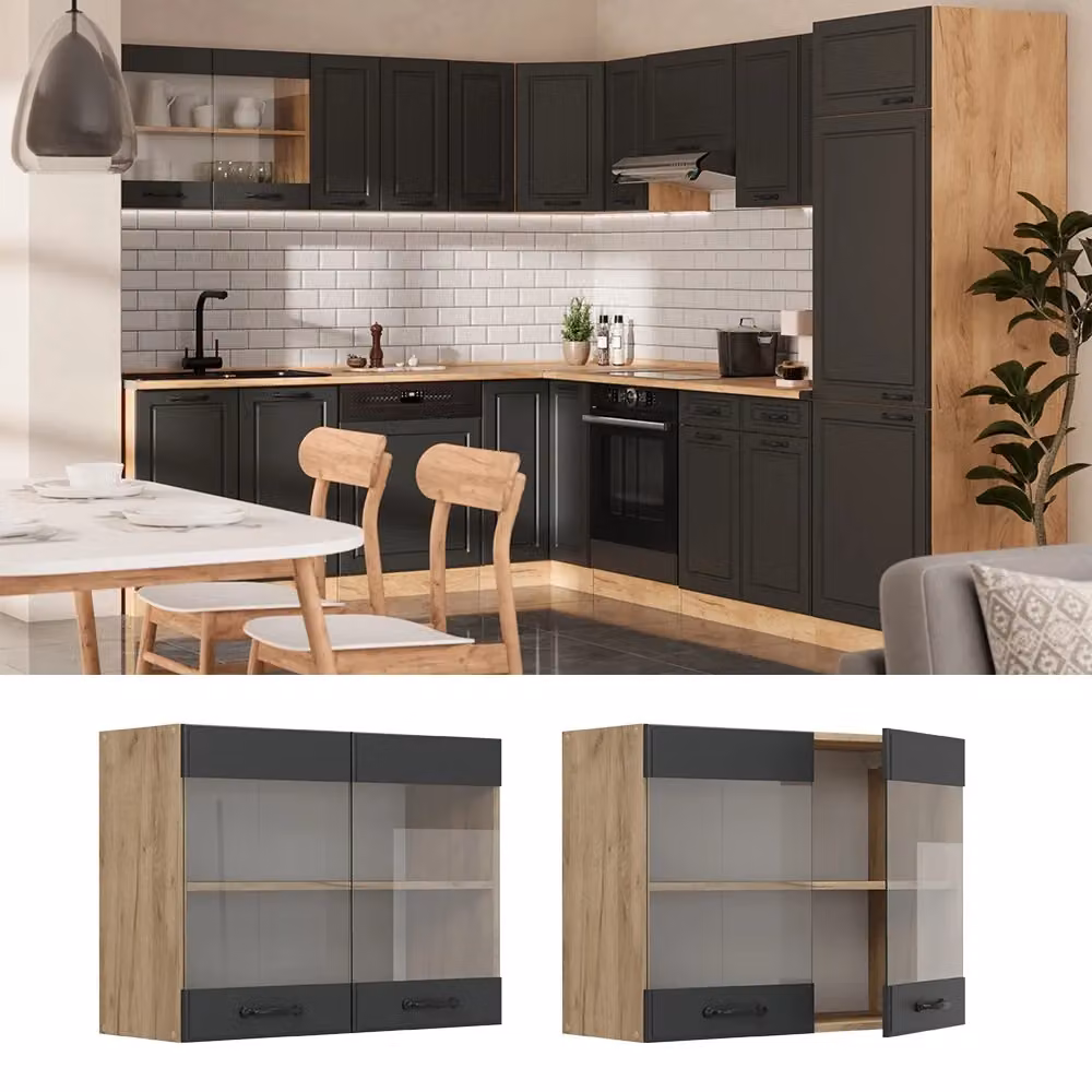 Pensile da cucina Vicco R-Line con ante in vetro, colore Antracite e Rovere, L: 80 cm, H: 60 cm, P: 31 cm – 2
