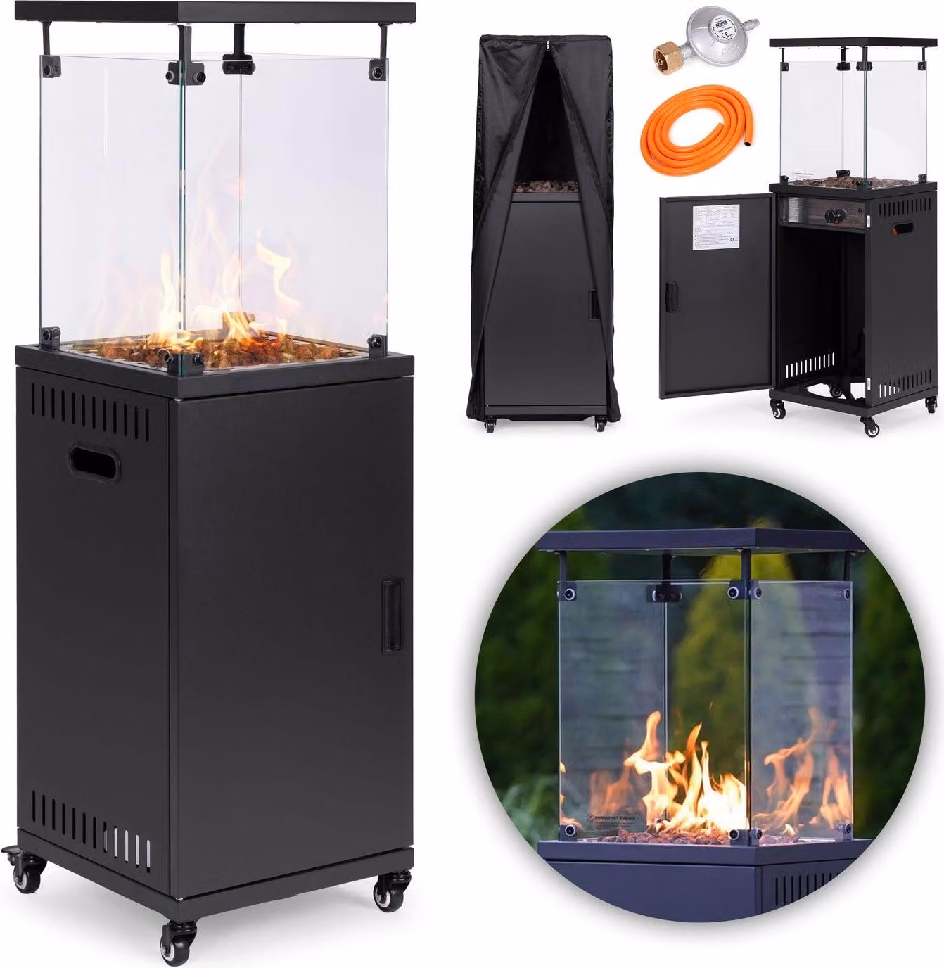 Stufa a gas, stufa radiante, 13 kW, vetro, per giardino e terrazza, regolatore, pietre vulcaniche, copertura, MultiGarden