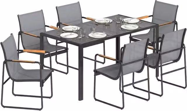 Set Pranzo Giardino 7 Pezzi 6 Persone ¨C Xylo ¨C Tavolo Vetro Sedie Grigio Acciaio
