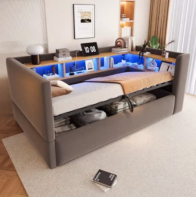 Divano letto 90x190 cm con vano contenitore idraulico; LED e prese; grigio scuro