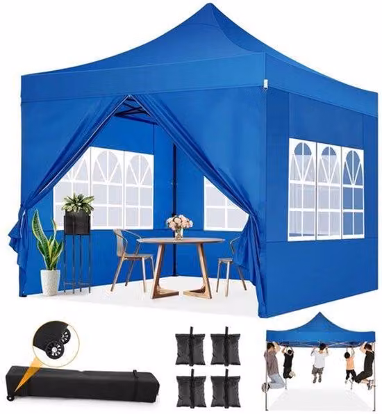 Tenda da festa 3x3 metri, protezione UV, resistente al vento, impermeabile, pieghevole, colore blu, realizzata in poliestere 420D