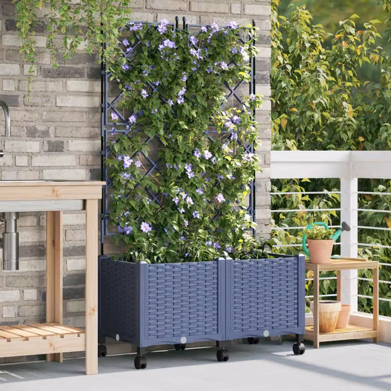 Set di 2 vasi da giardino con grigliato e ruote vidaXL in plastica grigia