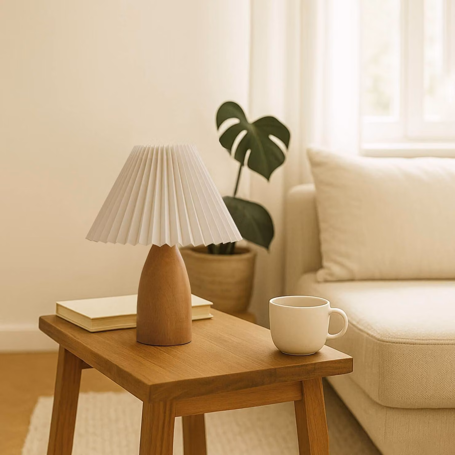 Opviq, lampada da tavolo di alta qualità con struttura in legno, Ø 22 cm, altezza: 14 cm, altezza totale: 30 cm, cavo: 150 cm, attacco E27, max. 40 W, color crema e rovere, design scandinavo, IP20.