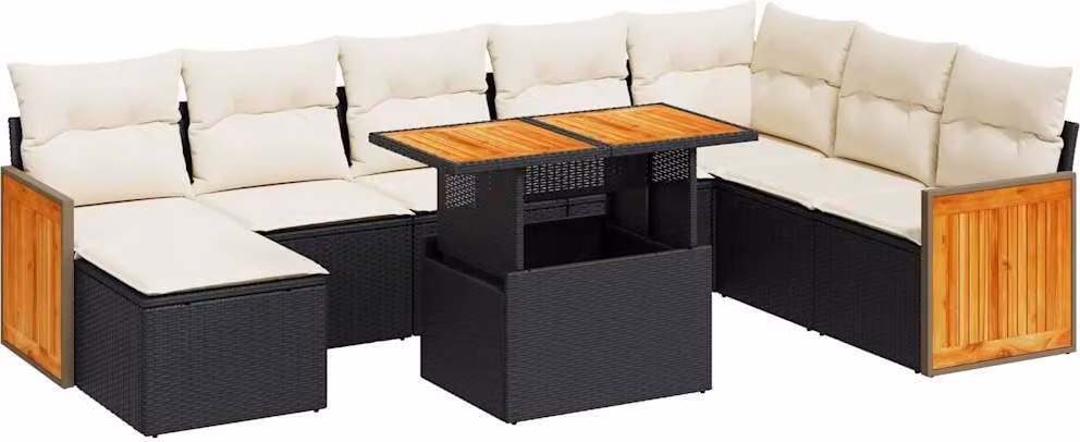 Set Divani da Giardino 9 pz con Cuscini Nero Polyrattan Acacia