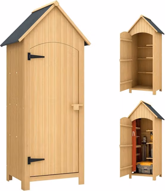 Casetta da Giardino in Legno di Abete con Anta. Armadio da Esterno Porta Attrezzi da Giardino con 3 Mensole e Tetto in Asfalto Impermeabile. 77.5x54.2x179.5cm