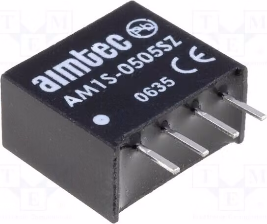 1x Convertitore: DC/DC 5VDC. Tensione di ingresso: 4,5÷5,5V. Corrente di uscita: 200mA. Confezione: SIP4. Potenza: 1W. Peso: 1,8g. Modello: AM1S-0505SZ. Convertitore DC/DC