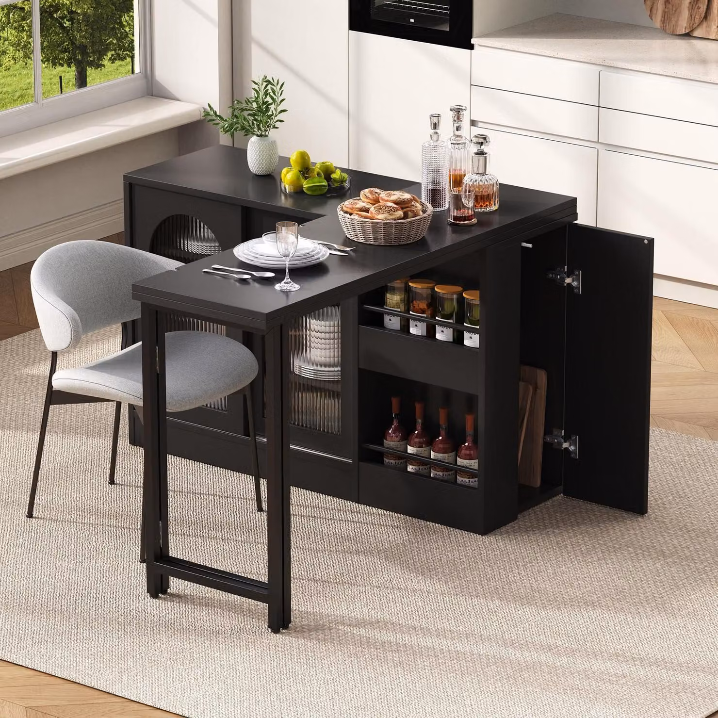 Tavolino bar allungabile con piano girevole a 360°, mobile contenitore con anta in vetro, dimensioni 121,5 x 40 x 76,7 cm, colore nero