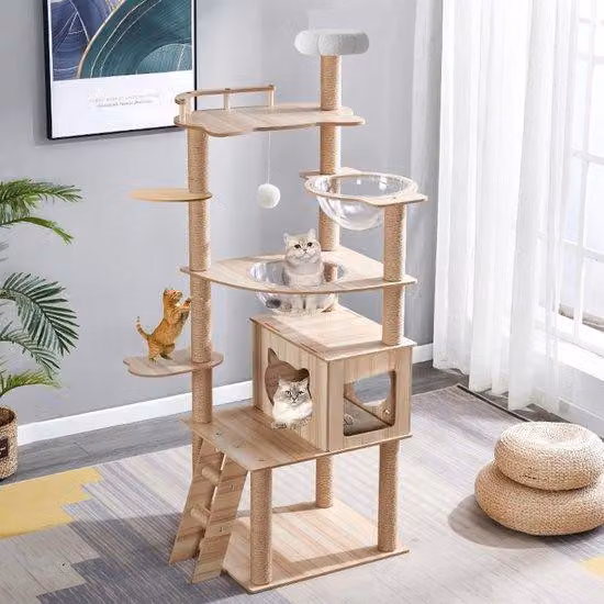 Ibenzoa® Albero per graffiare e arrampicarsi, 170 cm – color legno, 7 livelli, pali in sisal per graffiare e una navicella spaziale trasparente per osservare, dimensioni 170x40x60 cm, adatto per 3-6 gatti