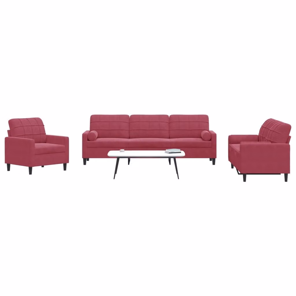 Set di divani vidaXL da 3 pezzi in velluto rosso con cuscini e struttura in metallo per soggiorno