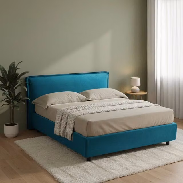 Letto Matrimoniale Bubbio DMORA, Letto Sfoderabile in Tessuto Azzurro, L/P/H: 160 x 200 x 126 cm – 1