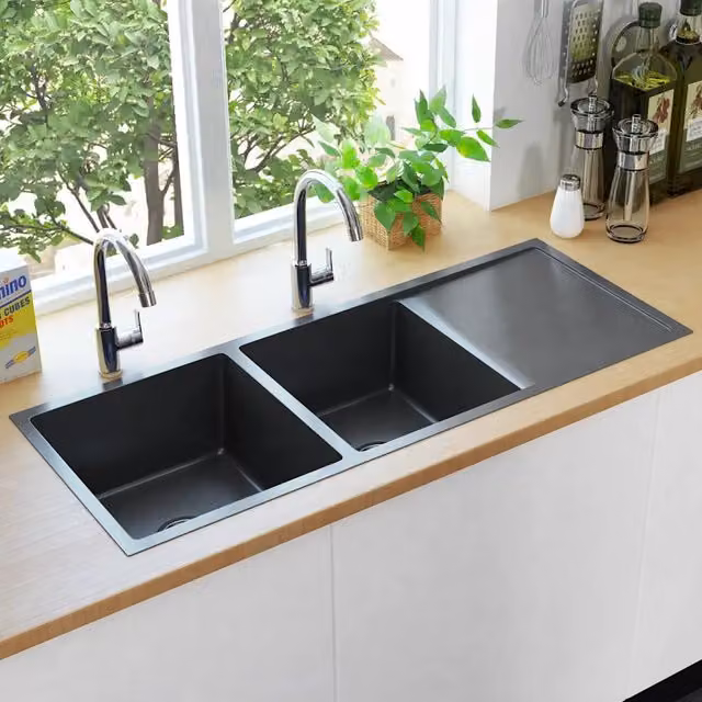 Lavello da cucina vidaXL in acciaio inox nero lavorato a mano L: 111,5 cm, P: 44 cm, H: 20 cm