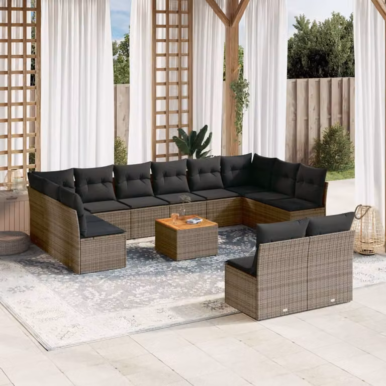 vidaXL Set Divani da Giardino 13 pz in Polyrattan Grigio con Cuscini e Tavolino da Esterno