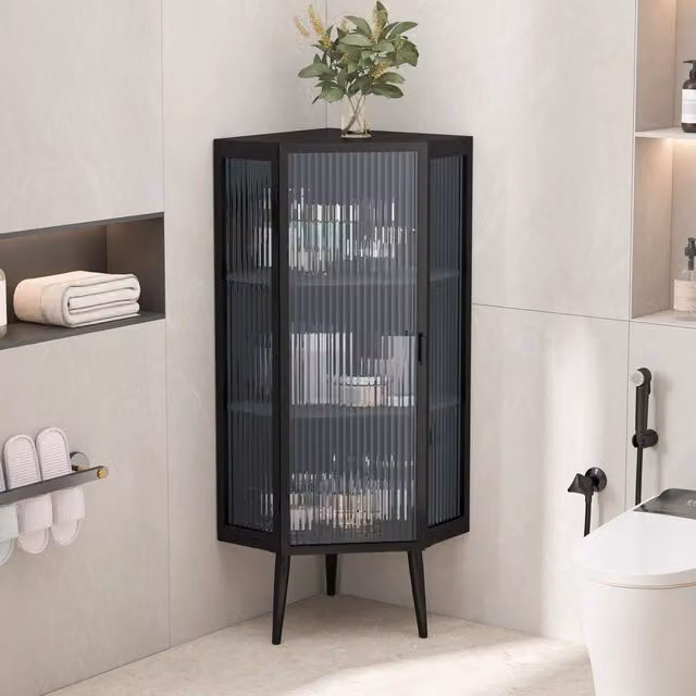 Armadietto angolare salvaspazio Minimal nero con ante in vetro e ripiani per bagno o soggiorno