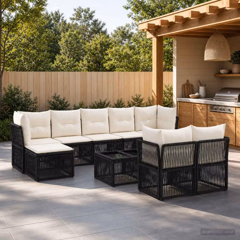 Set Divano da Giardino vidaXL 10 Pezzi in Polyrattan Nero con Cuscini e Tavolino da Caffè