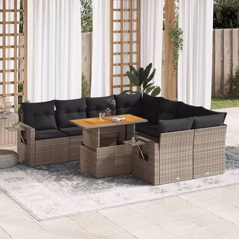 Set Divano da Giardino vidaXL 9 pz in Polyrattan Grigio con Cuscini e Tavolino da Esterno a Forma di L