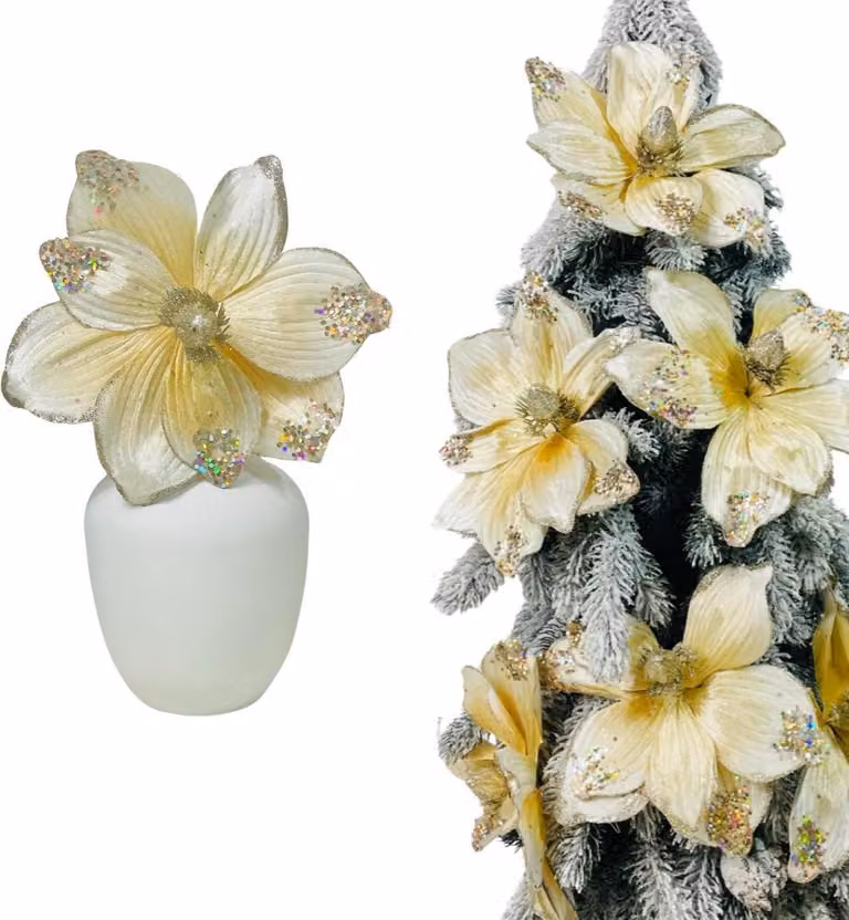 Magnolia color crema su pizzo, decorata con glitter e paillettes - Fiori per albero di Natale 28 cm
