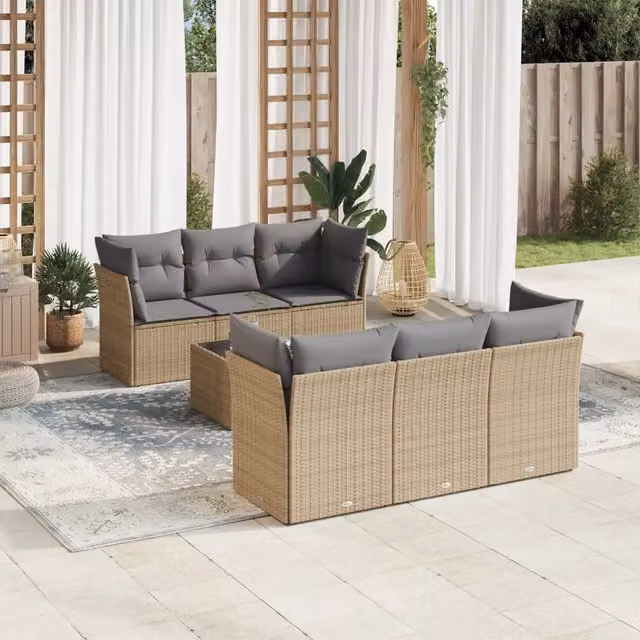 Set di divani da giardino a L VIDAXL in polyrattan con cuscini beige e grigi, 7 pezzi – 1