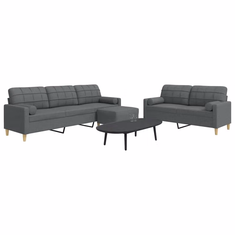 Set di divani vidaXL 3 pezzi con poggiapiedi e cuscini, tessuto grigio, design moderno per soggiorno