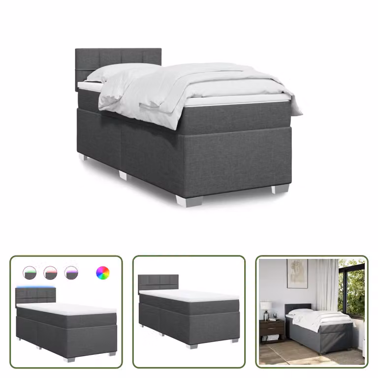 The Living Store Letto a molle con materasso grigio scuro 100x200 cm in tessuto