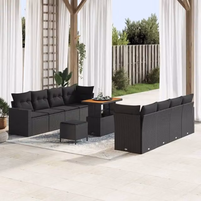 Set Divano da Giardino Moderno vidaXL in Polyrattan Nero con 11 Pezzi, Comprensivo di Cuscini e Tavolino da Esterno