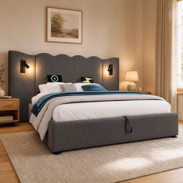 Letto Matrimoniale REDOM Grigio con Base a Sollevamento, Lampada Integrata, Porta USB e Ripiano Laterale, L/P/H: 215 x 180 x 111 cm – 1