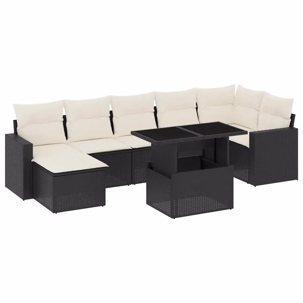 Set di divani da giardino vidaXL a forma di L con cuscini e tavolino, 8 pezzi in polyrattan nero e bianco con struttura in metallo e vetro – 2