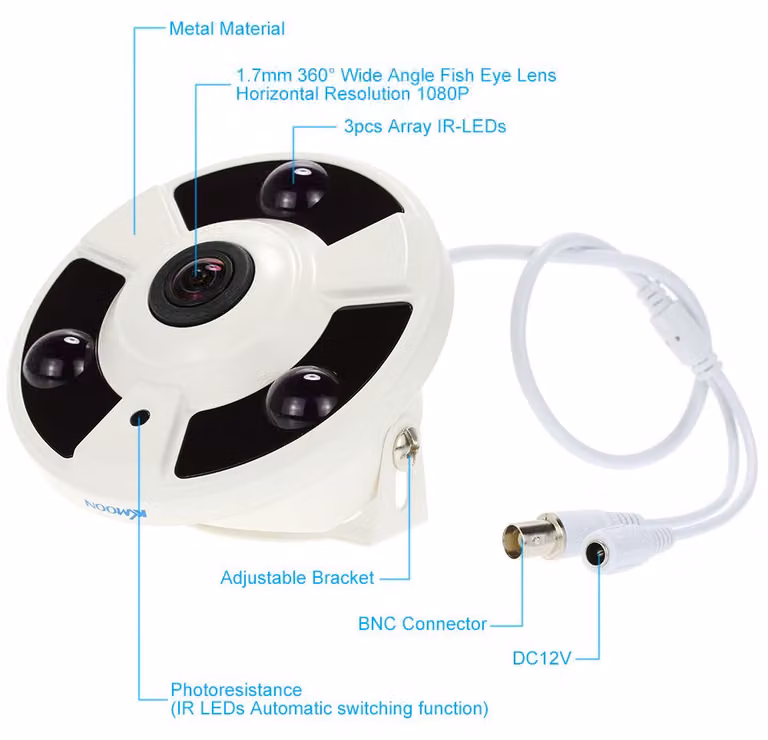 Telecamera di sicurezza CCTV HD 2000 TVL 1080p con obiettivo fisheye da 1,7 mm e visione panoramica a 360°, per la sorveglianza domestica, sistema PAL
