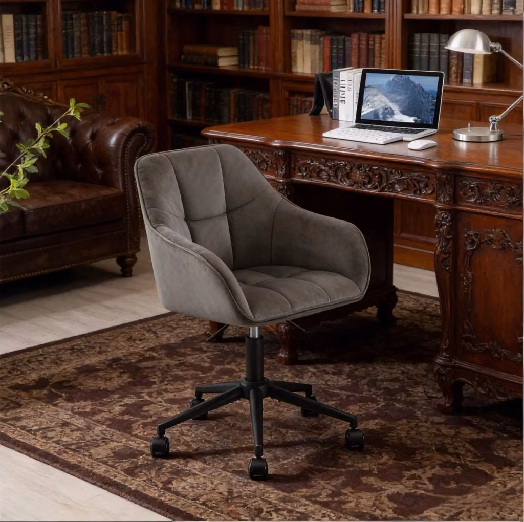 Sedia ergonomica girevole moderna in velluto grigio con braccioli e ruote per ufficio e casa – 2