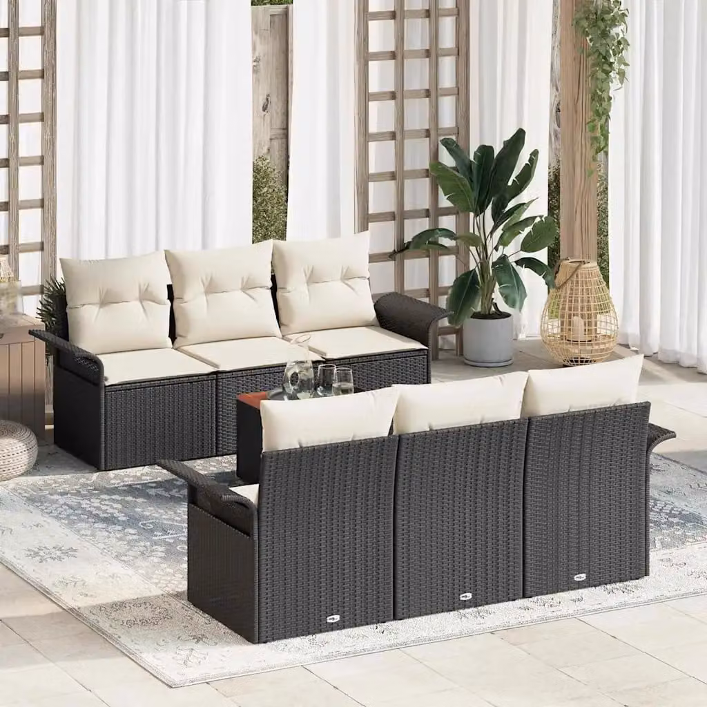 Set Divano da Giardino vidaXL in Polyrattan Nero con Cuscini e Tavolino da 7 Pezzi – 1