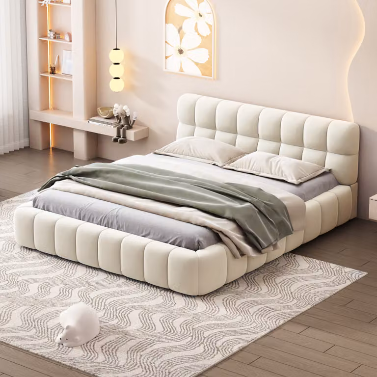 Tessuto di lino, 140x200 cm, con schienale imbottito e rete a doghe, colore beige