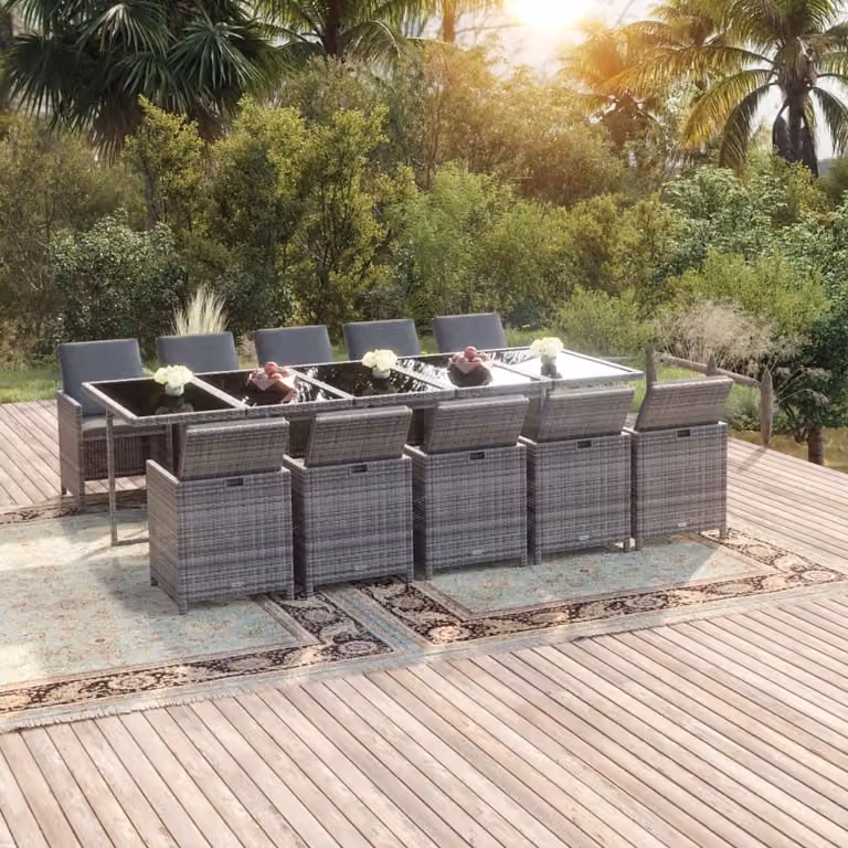 The Living Store Set da pranzo da giardino 11 pezzi con cuscini in poly rattan grigio