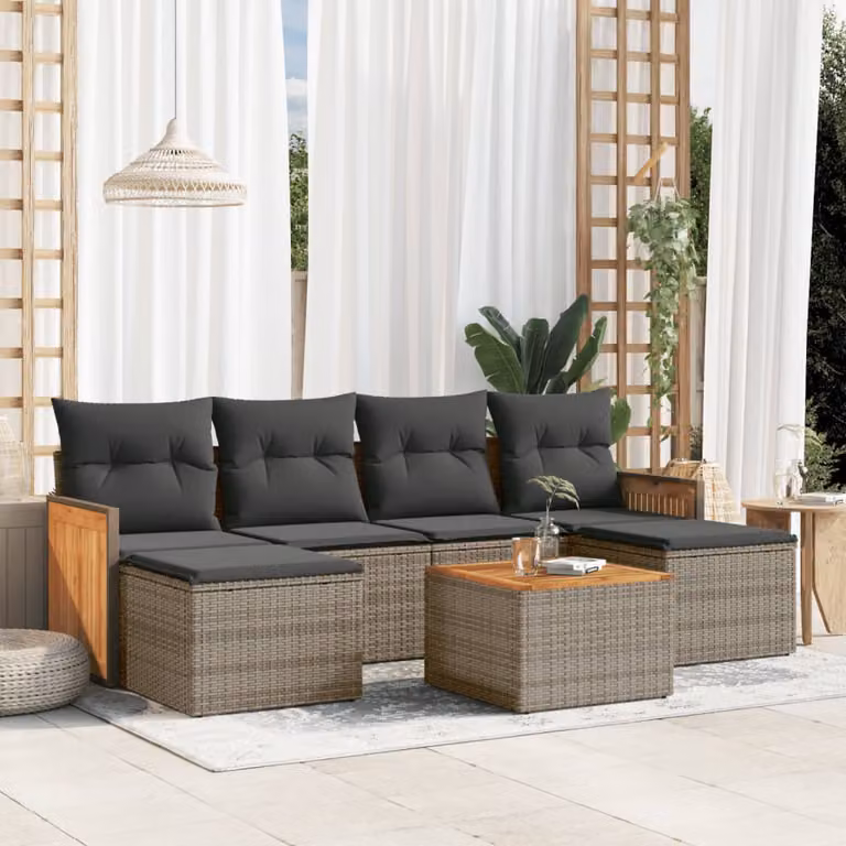 Set di divani da giardino vidaXL 7 pz in polyrattan grigio con cuscini e tavolino da esterno a forma di L