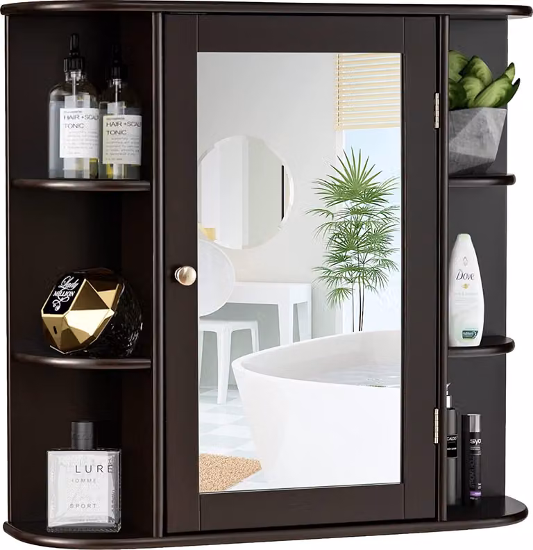 Armadietto a specchio per bagno, armadietto con specchio, specchio da bagno con 10 ripiani, armadio a muro con ante, mobile da trucco in legno, mobile da bagno 65 x 17 x 63 cm (marrone)