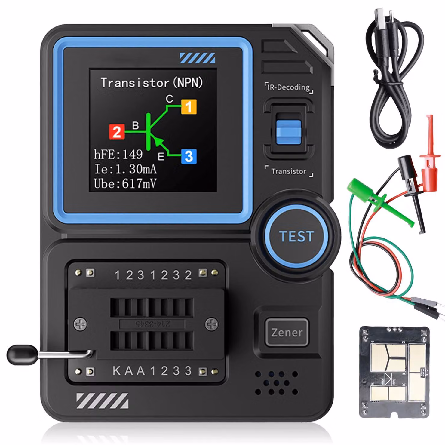 Tester per transistor con display a colori, che misura transistor NPN, PNP, MOSFET e diodo a infrarossi, con un intervallo di misurazione da 0,01 a 32 V