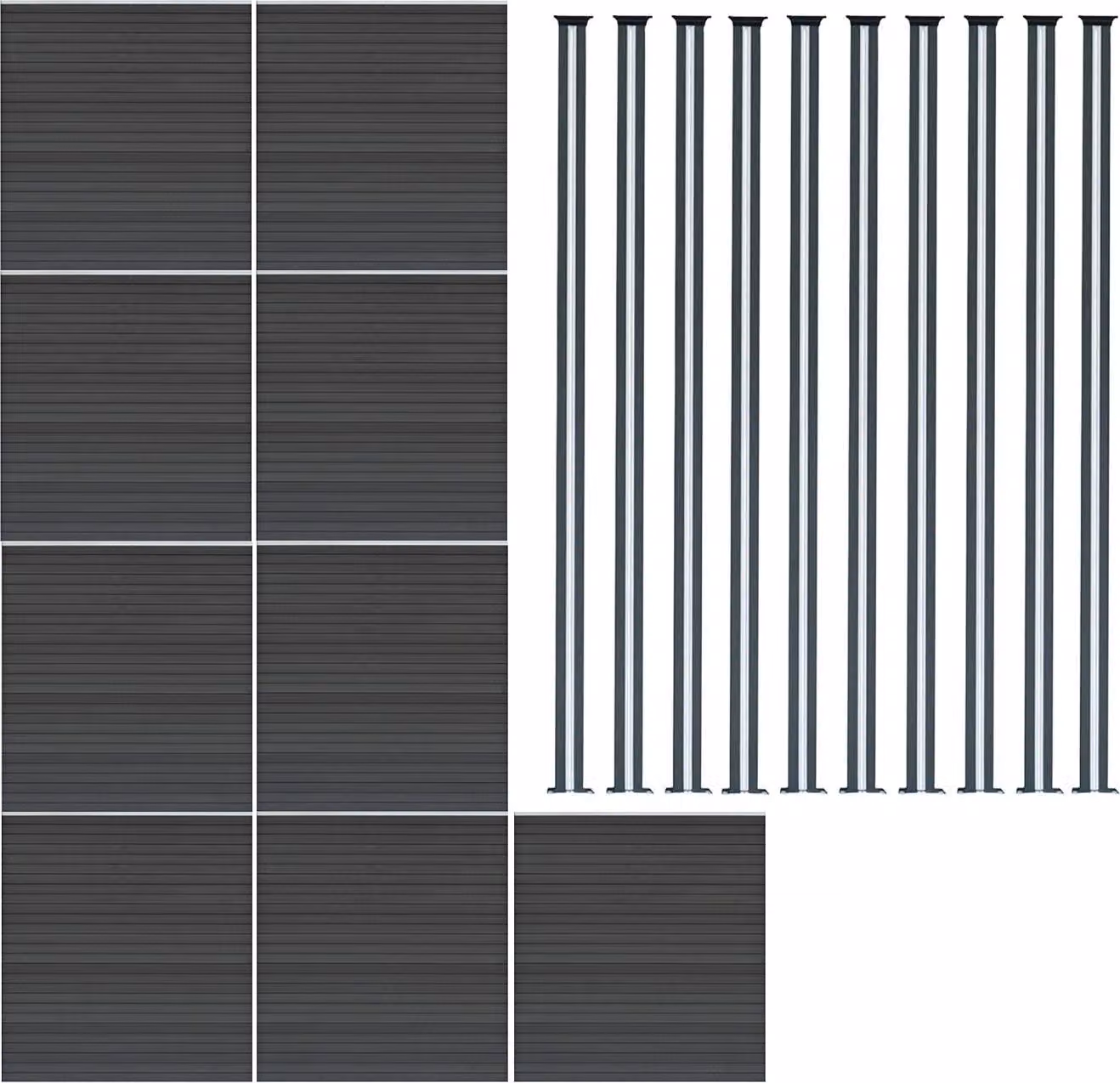 Pannello divisorio in legno composito (WPC) x9 e pali per recinzione con illuminazione a LED x10 - Grigio