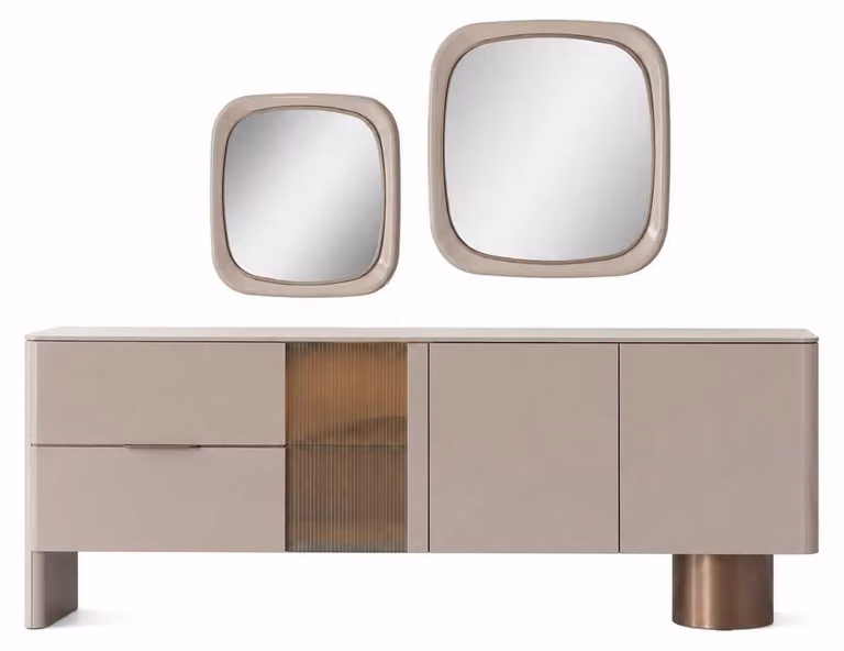 Set moderno per sala da pranzo, composto da un mobile contenitore laterale con 2 specchi. Arredamento
