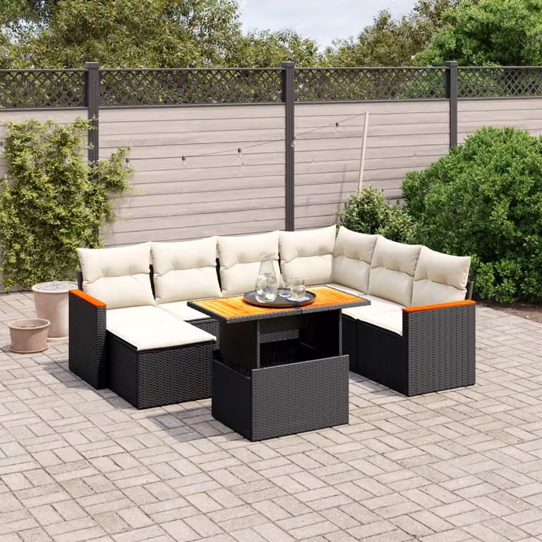 vidaXL Set Divani da Giardino a L in Polyrattan con Cuscini e Tavolino, 8 Pezzi, Nero e Bianco