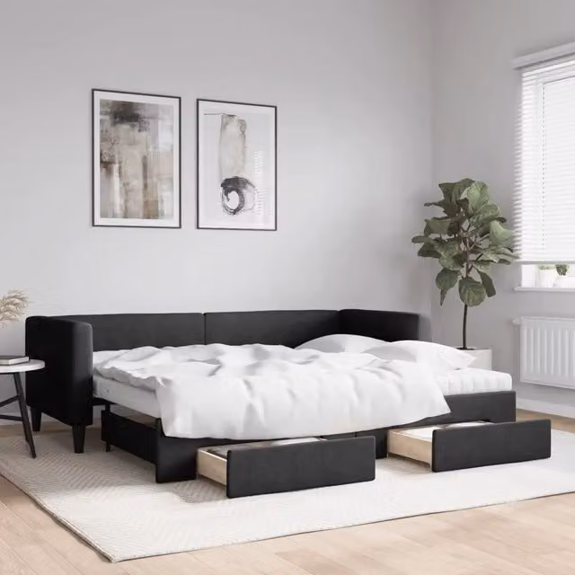 Divano Letto Estraibile con Cassetti-Sofa Letto-Daybed Nero 80x200 cm in Tessuto 321277