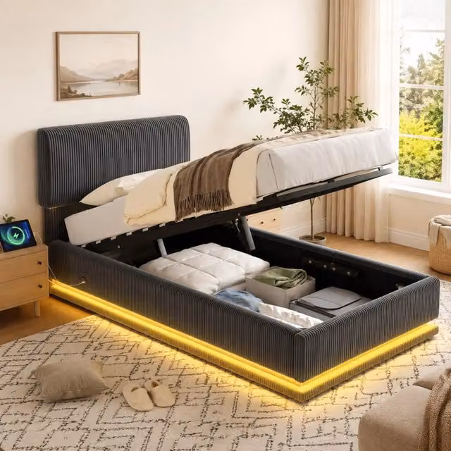 Letto imbottito ULEVR 90x200 cm con contenitore, LED, USB-C e testiera regolabile, velluto a coste grigio scuro