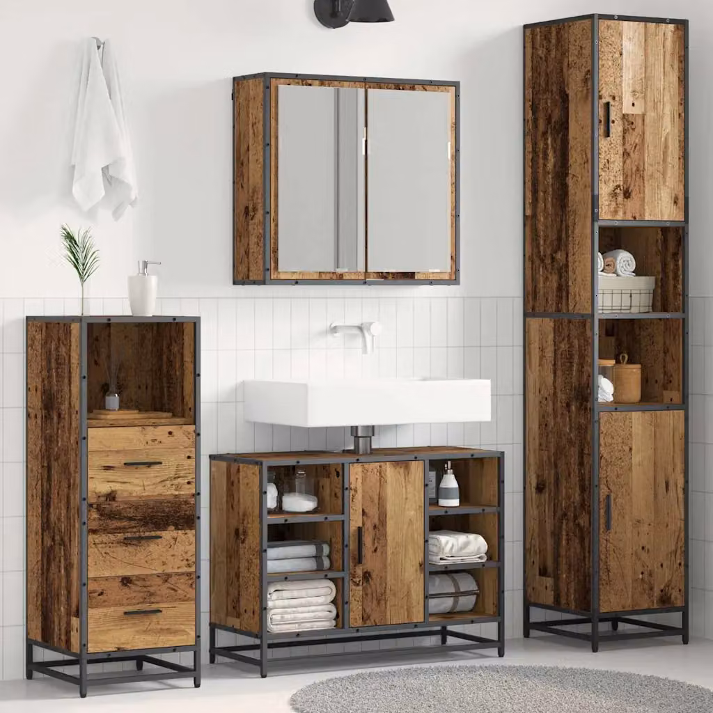Set di mobili per il bagno moderno vidaXL in legno e metallo marrone composto da 3 pezzi con armadietto a specchio, mobile lavabo e pensile a parete