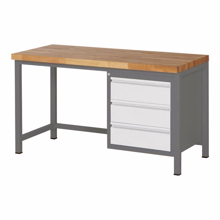 Banco da lavoro regolabile in altezza STIER Premium, 3 cassetti, 150x70x84-104 cm, acciaio e faggio