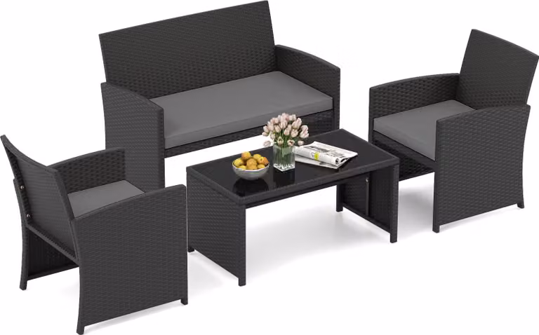 Set di mobili da giardino in polyrattan COSTWAY, mobili da esterno, set composto da 2 sedie, panca, tavolo e cuscini, mobili da terrazza, set da giardino grigio