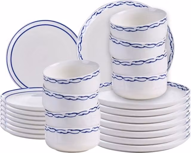 Servizio da tavola in porcellana bianco e blu 24 pezzi, finitura smaltata, bordo decorativo, per 8 persone, realizzato a mano, sala da pranzo, cucina