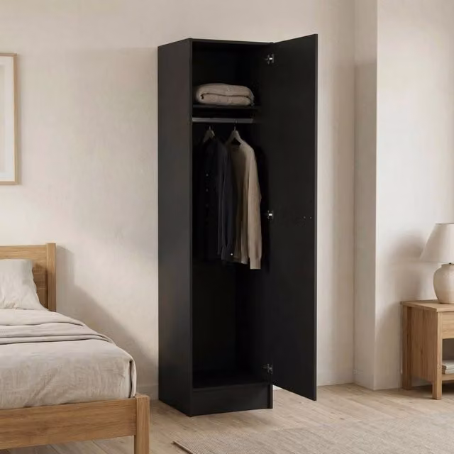 Guardaroba Airone DMORA con 1 Anta e Appendiabiti, Nero Opaco, H: 200 cm, L: 47,05 cm, P: 47,05 cm
