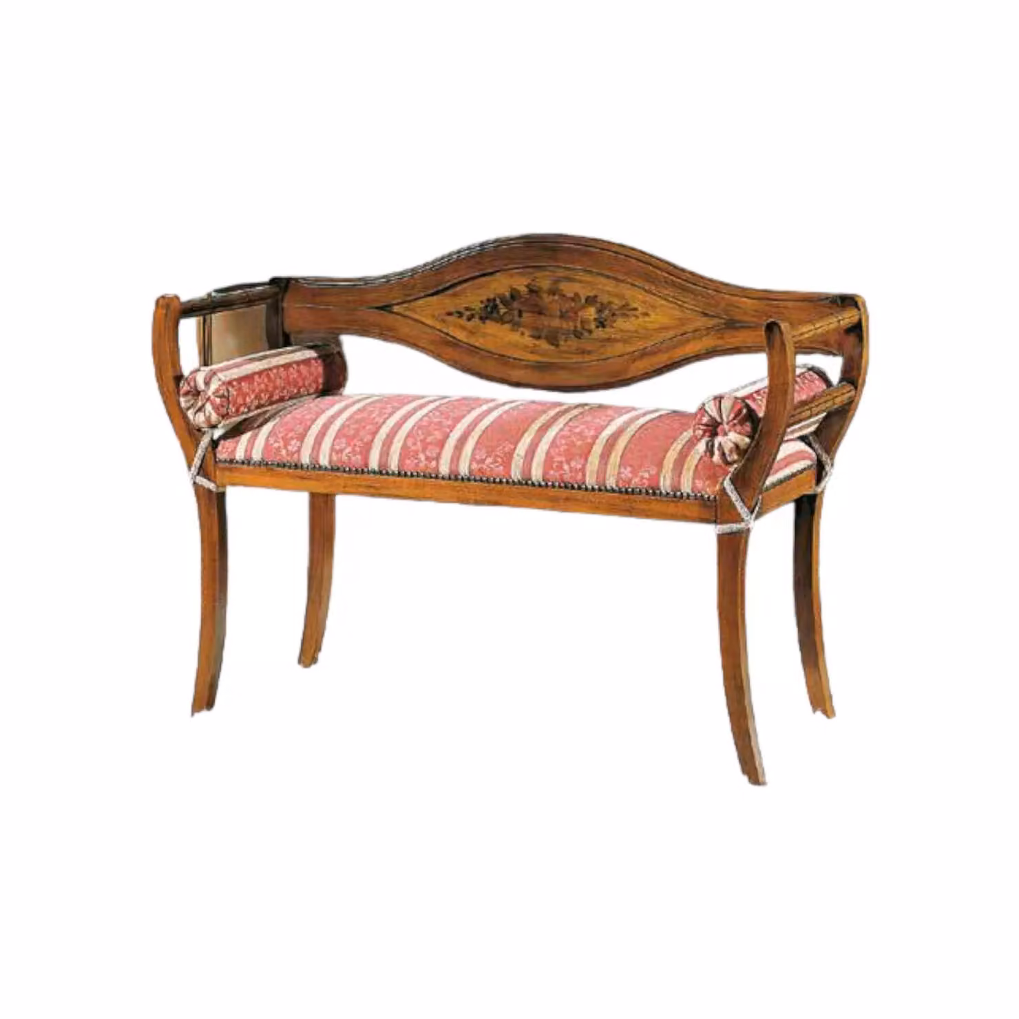 Divanetto imbottito in legno di faggio intagliato con decori lacche e tessuto a righe Mobili 2G L: 103 cm, P: 38 cm, H: 77 cm – 2