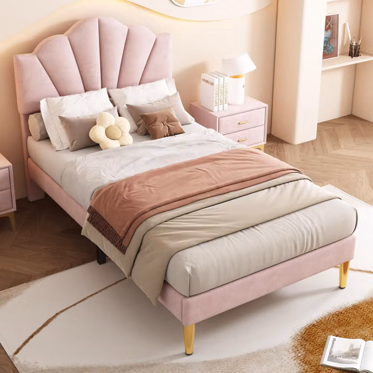 MODFU Letto imbottito 90 x 200 cm con rete a doghe in legno, Letto singolo Letto per bambini con testiera a conchiglia regolabile in altezza, Rosa vellutato (senza materasso)