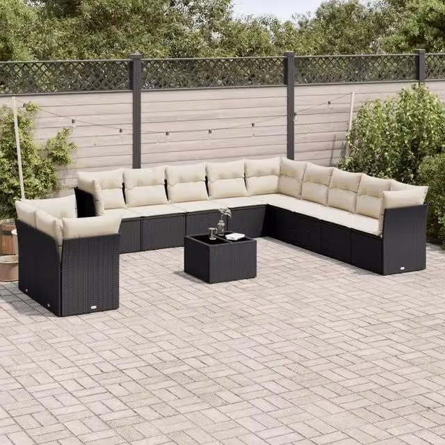 Set di Divani da Giardino a Forma di U vidaXL con Cuscini e Tavolino, Polyrattan e Metallo, Nero e Bianco – 1