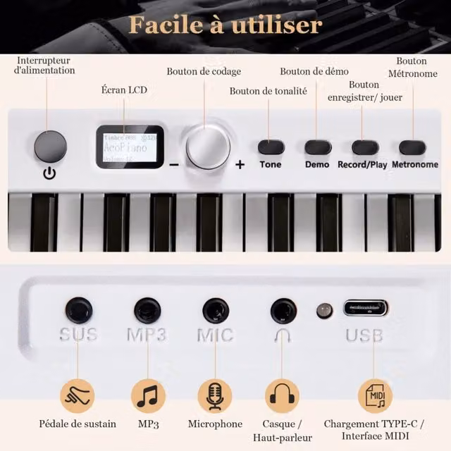 Pianoforte Digitale Pieghevole 88 Tasti Luminosi Tastiera Elettronica Portatile Semi-pesata Ricaricabile Bianco