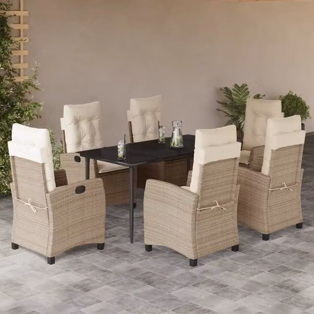 Set da Pranzo da Giardino VIDAXL in Polyrattan con Cuscini Beige e Tavolo in Vetro, 7 Pezzi